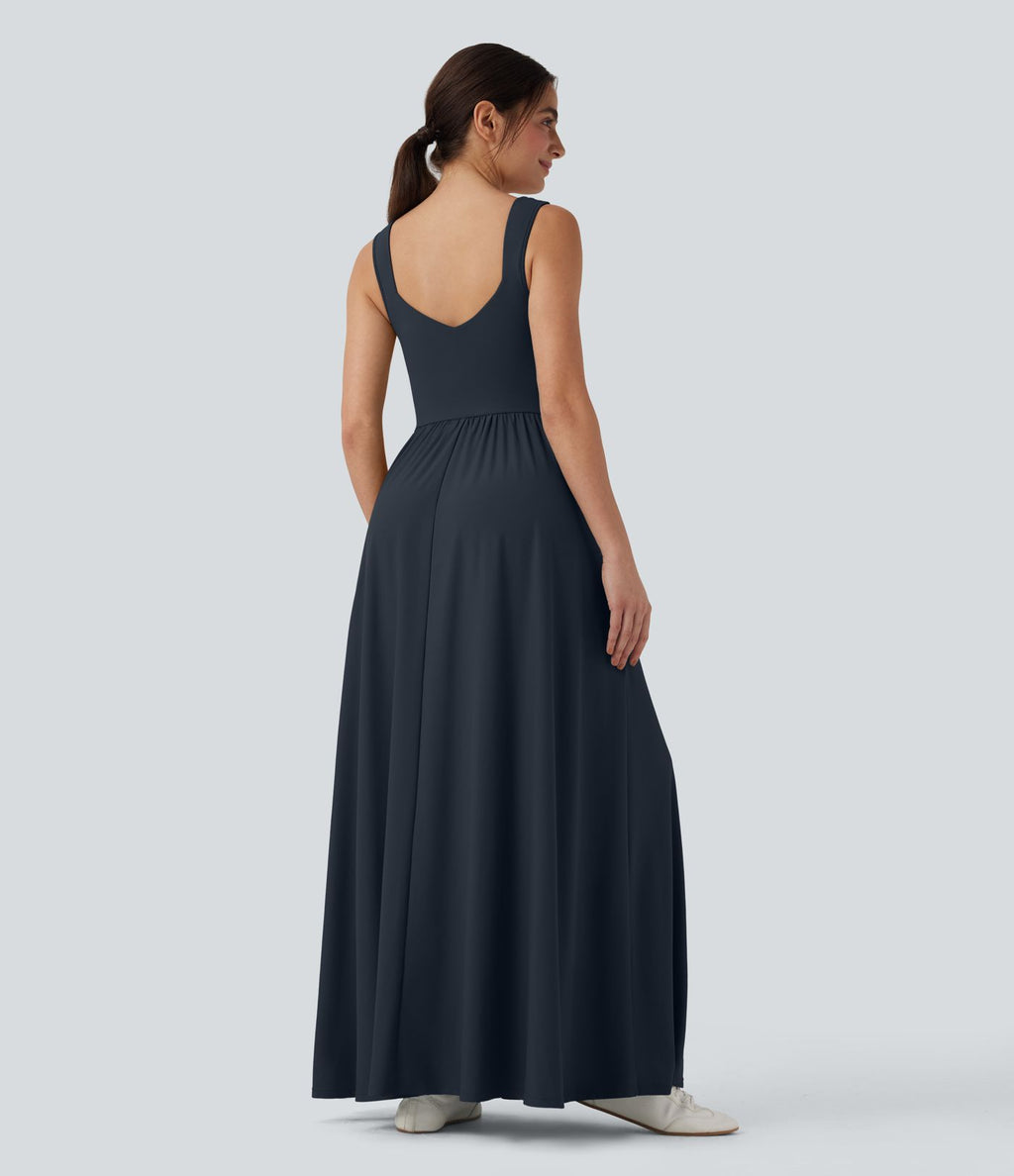 Robe maxi fluide dos nu, avec brassière intégrée et poches