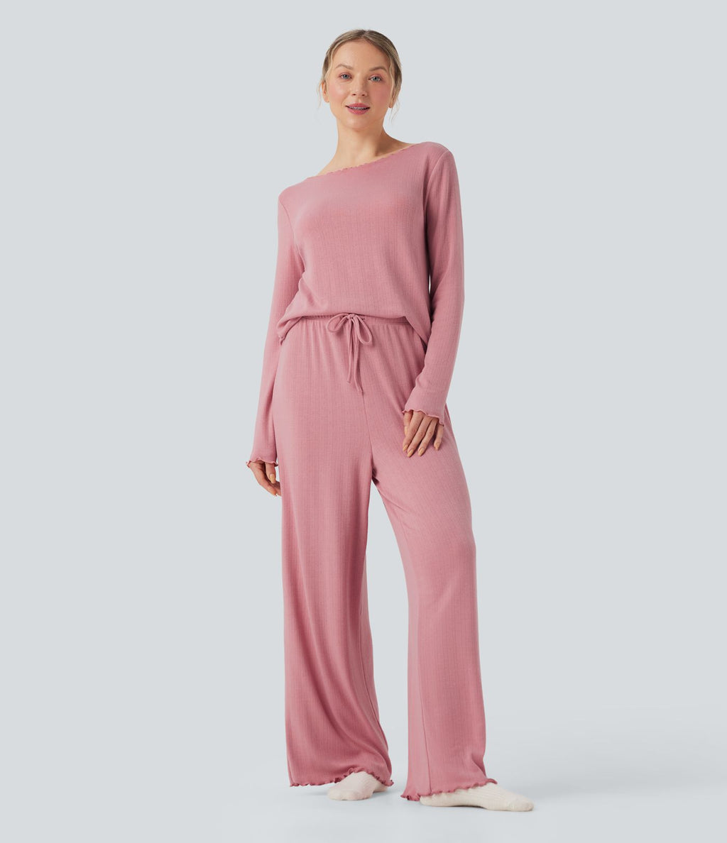 Pantalon détente taille haute coupe droite finitions plissées pointelle avec cordon de serrage