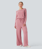 Pantalon détente taille haute coupe droite finitions plissées pointelle avec cordon de serrage