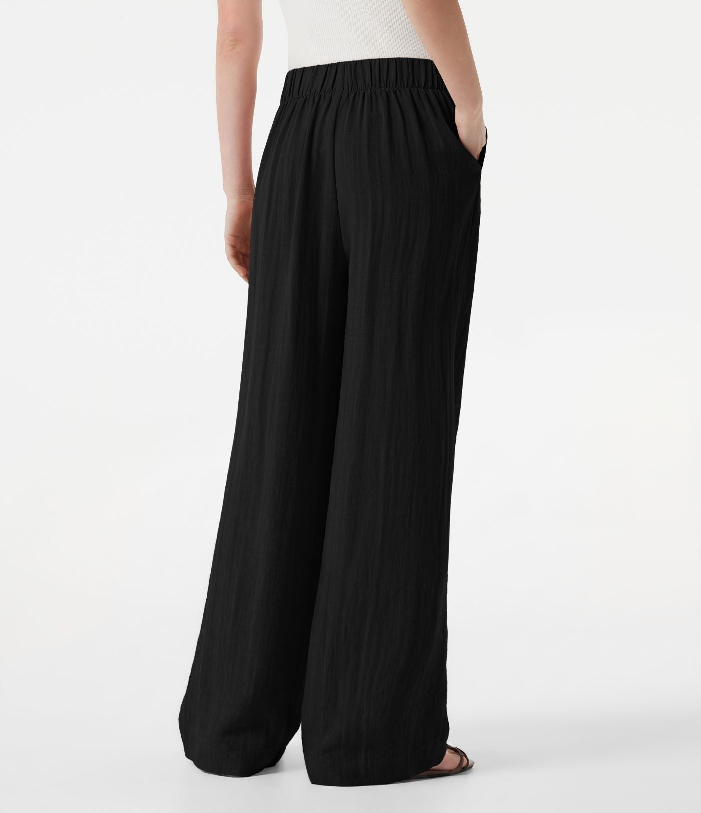 Pantalon ample décontracté effet lin, taille moyenne, à poches