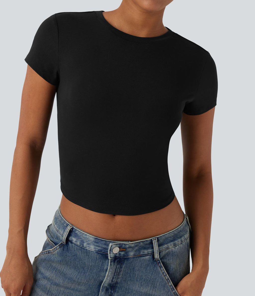 T-shirt baby tee décontracté court ajusté col rond