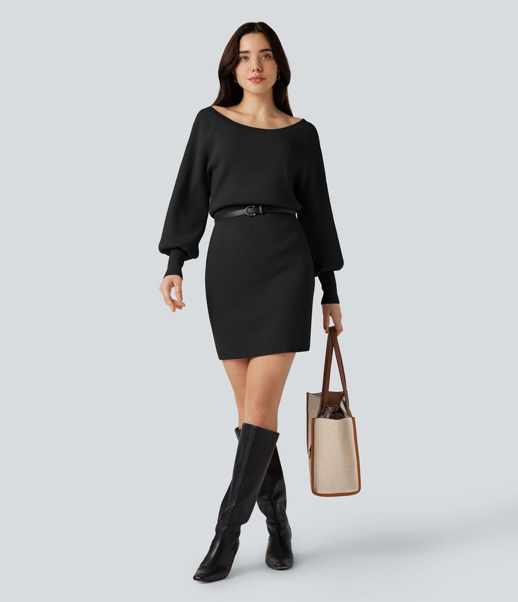 Robe pull mini moulante col bateau manches longues