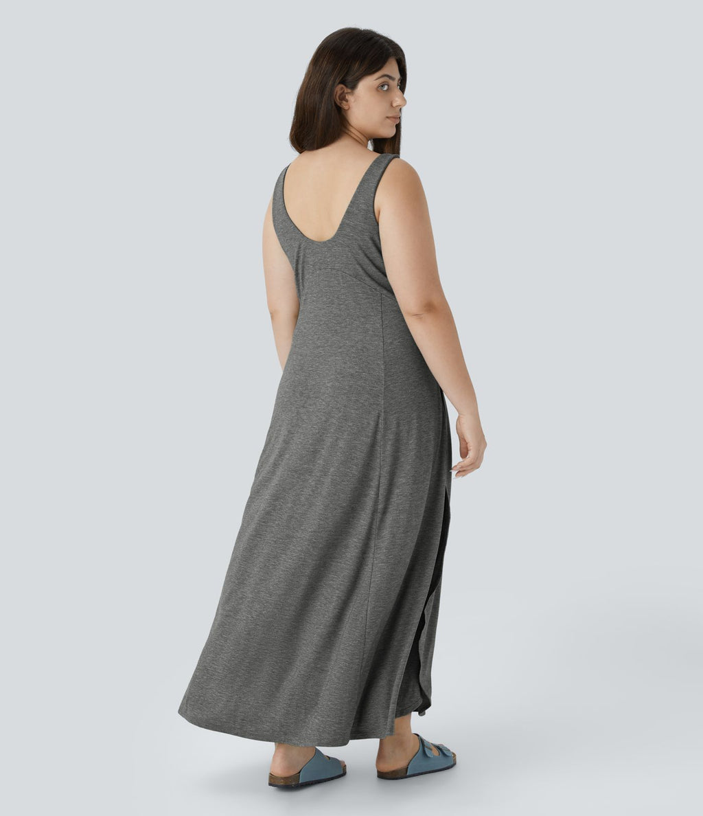 Robe Maxi Casual Grande Taille à Col U Sans Dos Fendue et Fluide