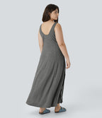 Robe Maxi Casual Grande Taille à Col U Sans Dos Fendue et Fluide