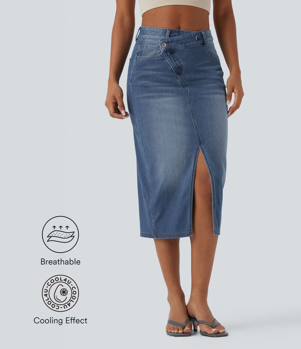 Jupe décontractée denim moulante Halara Flex™ asymétrique taille mi-haute avec fente et poches