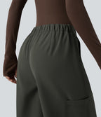 Pantalon parachute large fluide décontracté en polaire taille haute avec poches
