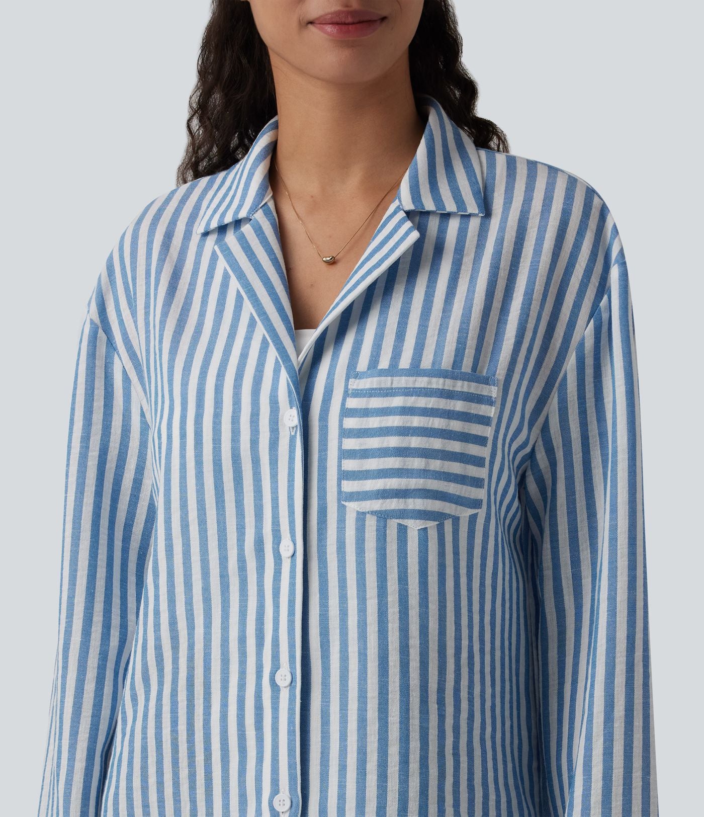 Chemise décontractée rayée col cranté manches longues aspect lin avec poche