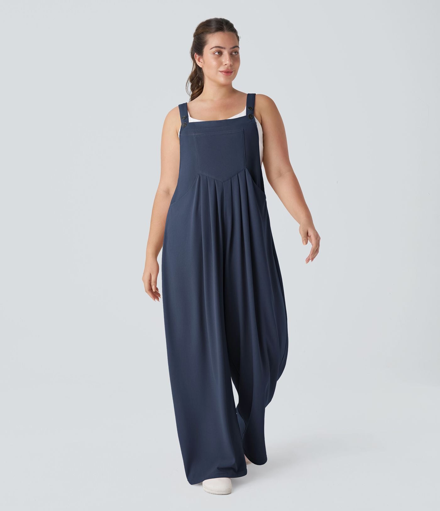 Salopette Casual Grande Taille en Gaufré avec Bretelles Ajustables Boutons et Poches Multiples