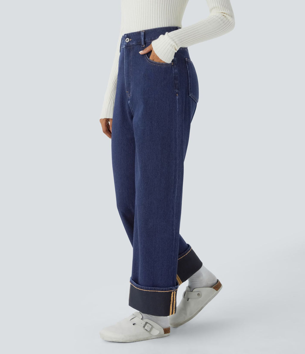 Jean décontracté Halara Flex™ effet chevron taille haute, jambes larges, ourlet roulotté et poches multiples