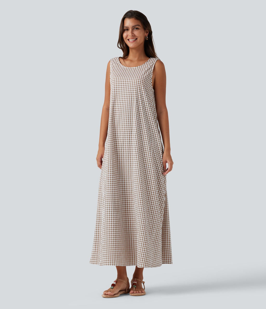 Robe débardeur midi décontractée col rond sans manches en vichy froissé avec poches