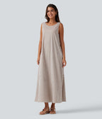 Robe débardeur midi décontractée col rond sans manches en vichy froissé avec poches