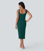 Robe moulante mi-longue SoftlyZero™ Airy col carré corset froncée effet frais InstantCool, bonnets E-G