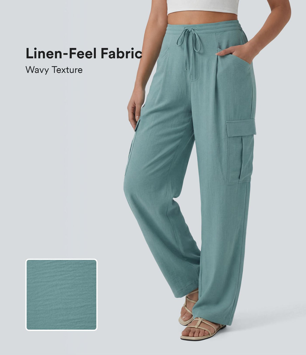 Pantalon cargo casual coupe droite taille mi-haute aspect lin à cordon de serrage avec poches