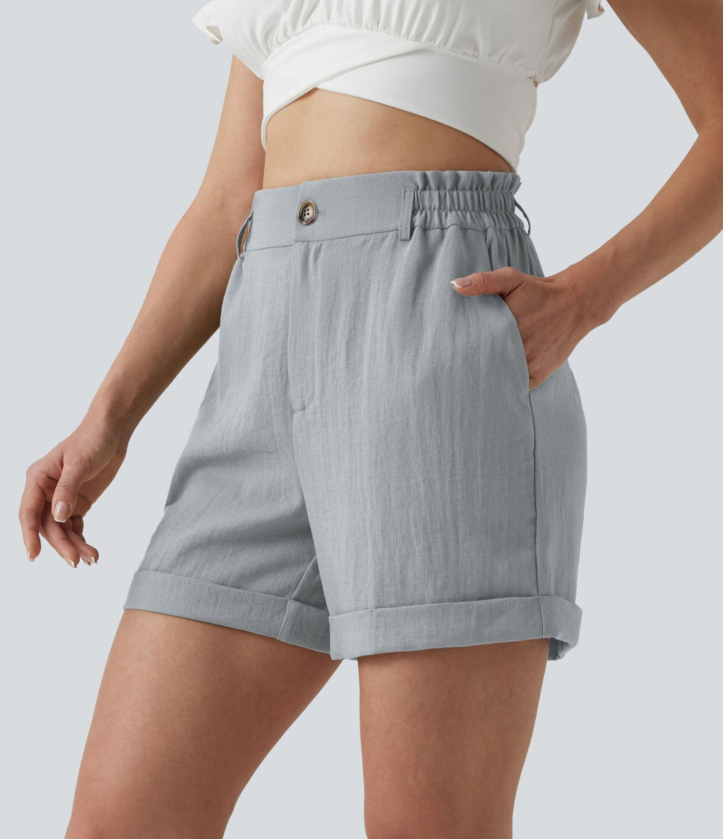 Short resort 12,5 cm taille haute effet lin avec ourlet roulotté et poches