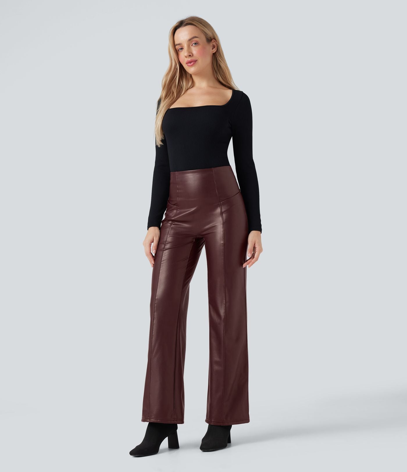 Pantalon similicuir évasé gainant taille haute stretch avec poches