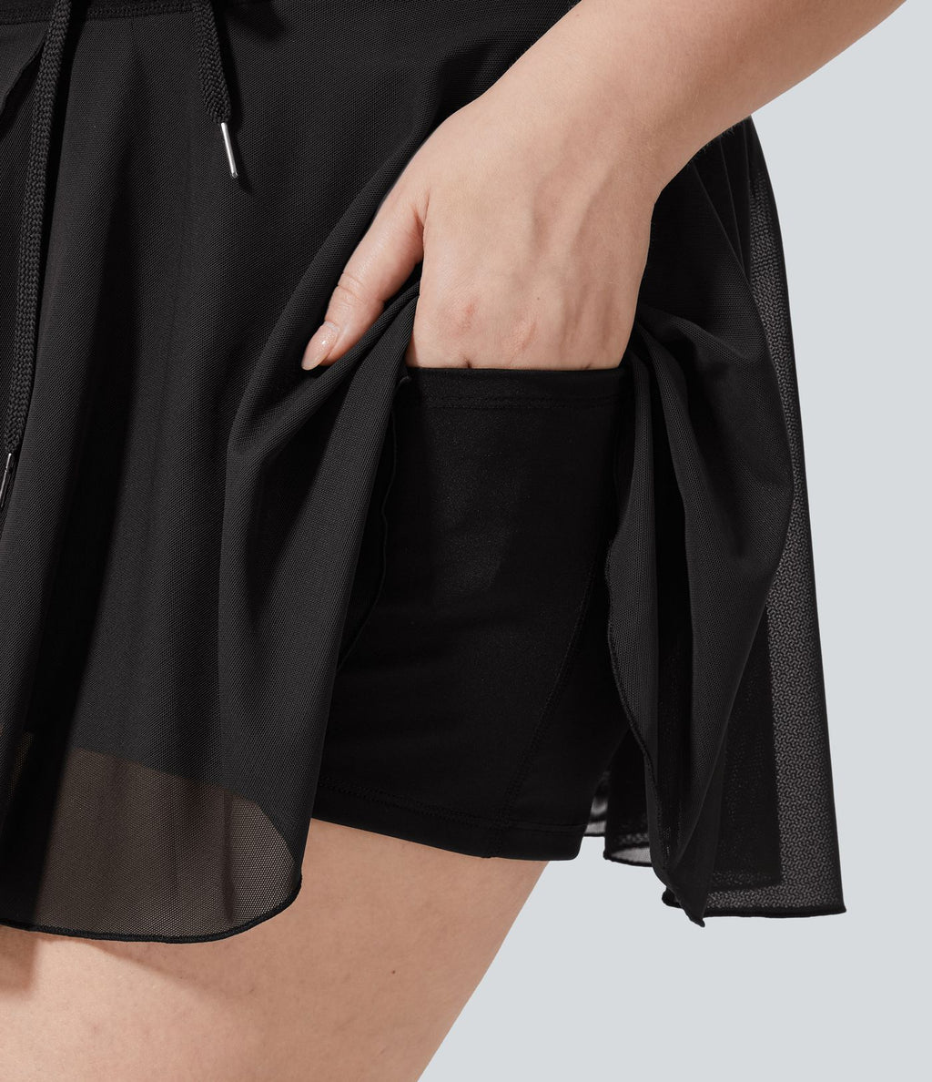 Taille haute Cordon Contraste Maille 2-en-1 Poche Latérale Fluide Mini Flare Décontracté Grande Taille Jupe