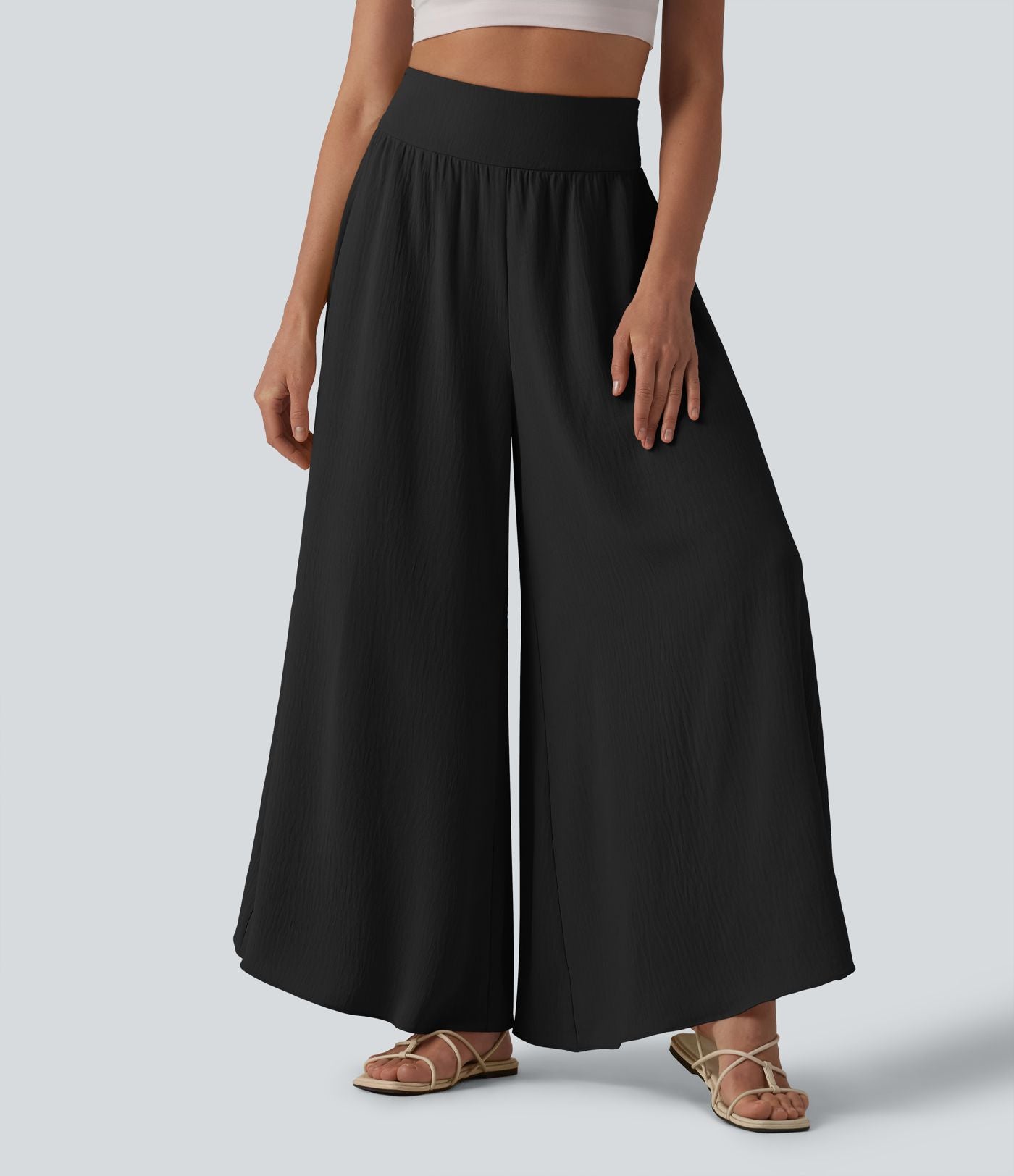 Pantalon fluide décontracté taille haute froncé aspect lin avec poches