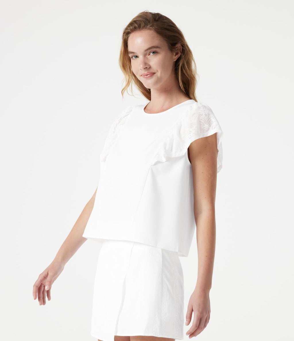Blouse casual col rond avec découpe goutte d'eau au dos, dentelle contrastée et manches à volants