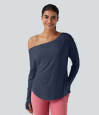 Top de sport yoga une épaule séchage rapide ourlet arrondi asymétrique manches longues avec trous pouces - Brassière intégrée