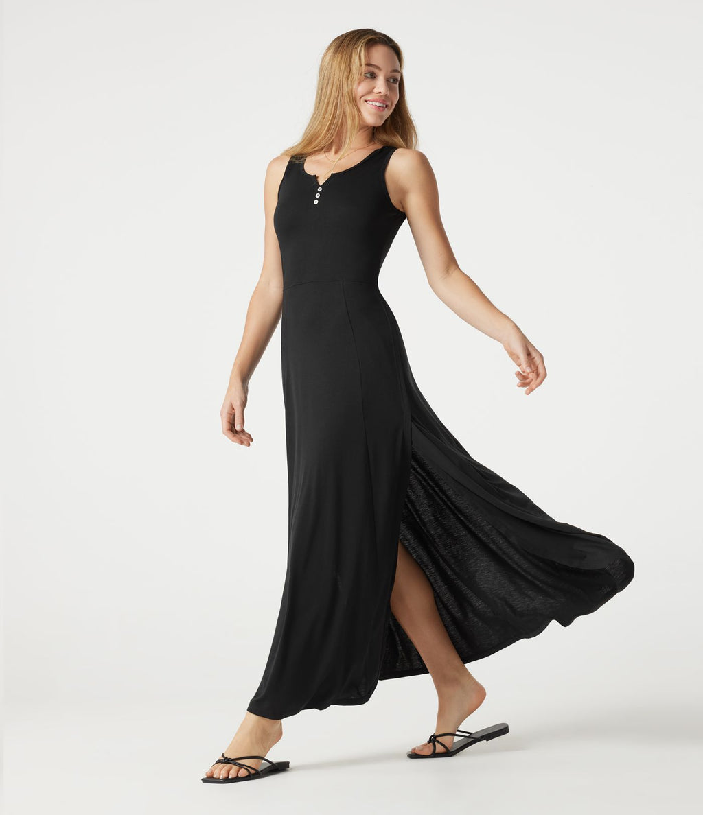 Robe longue fluide décontractée sans manches à col cranté et fente