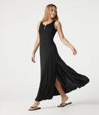 Robe longue fluide décontractée sans manches à col cranté et fente