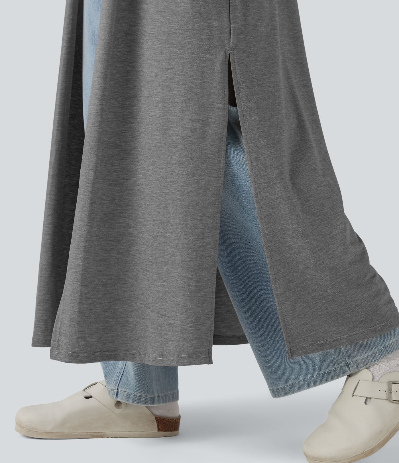 Manteau long décontracté à manches longues chiné avec fentes latérales