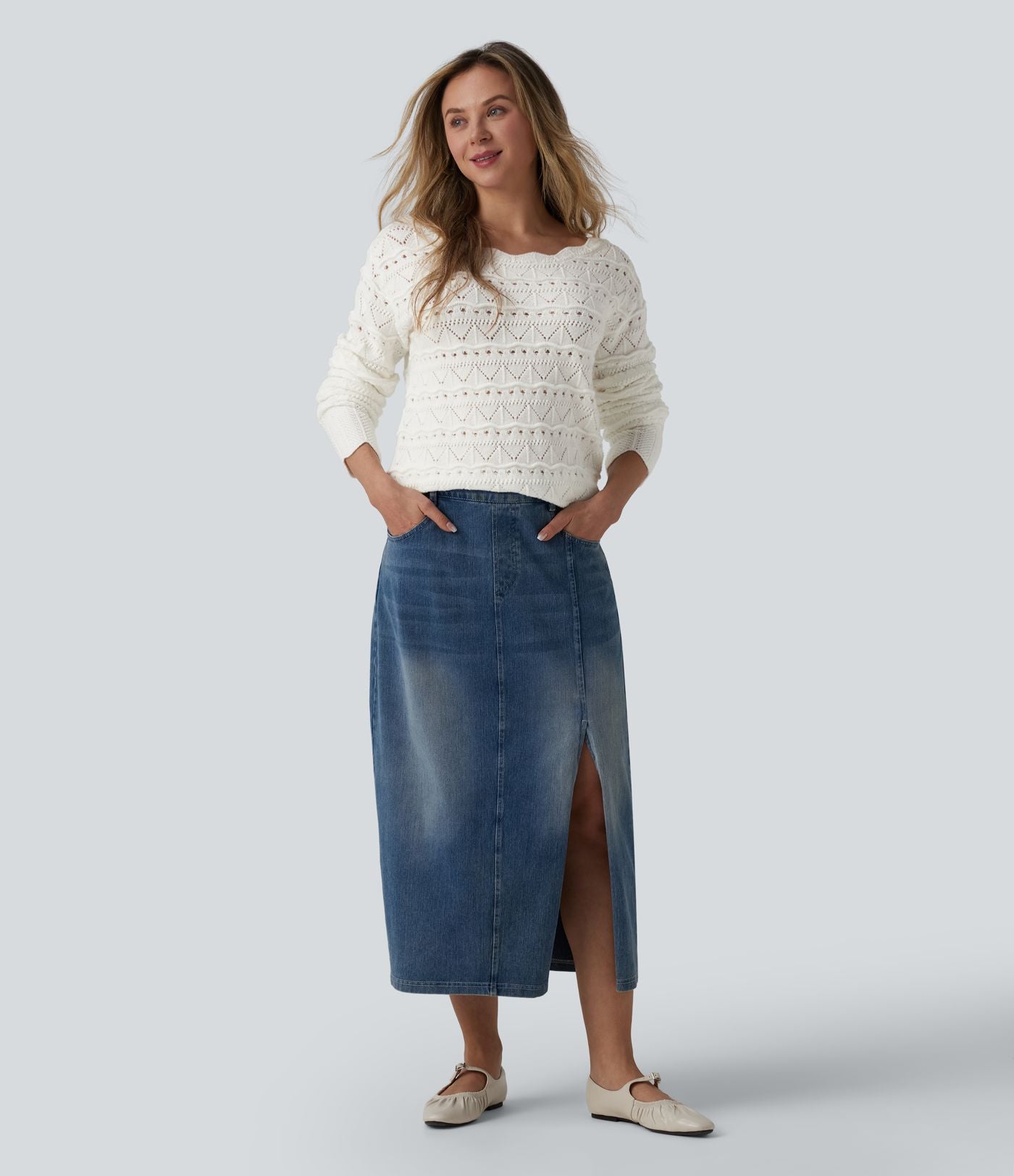 Pull décontracté col bateau manches longues maille ajourée