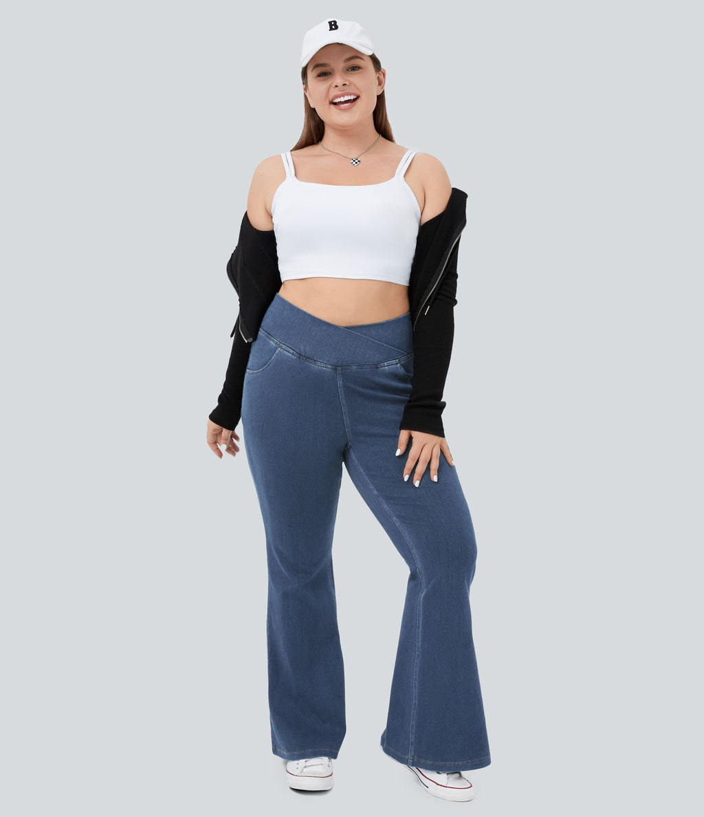 Jean super évasé Halara Flex™ grande taille en maille denim extensible délavée taille haute avec poches croisées effet frais InstantCool respirant