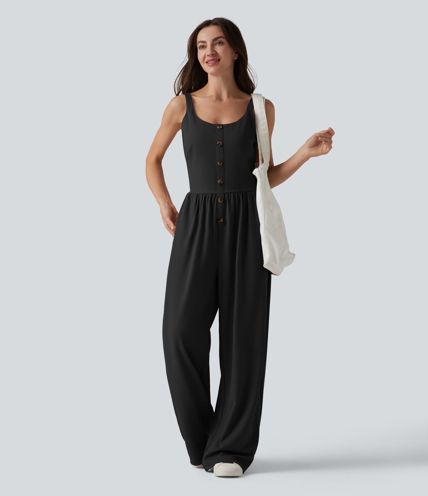 Combinaison casual large en tissu gaufré col U sans manches avec fronces, boutons décoratifs et poches — Easy Peasy