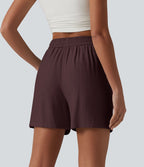 Short décontracté ample en lin mélangé taille haute avec cordon de serrage, 12,5 cm, et poches
