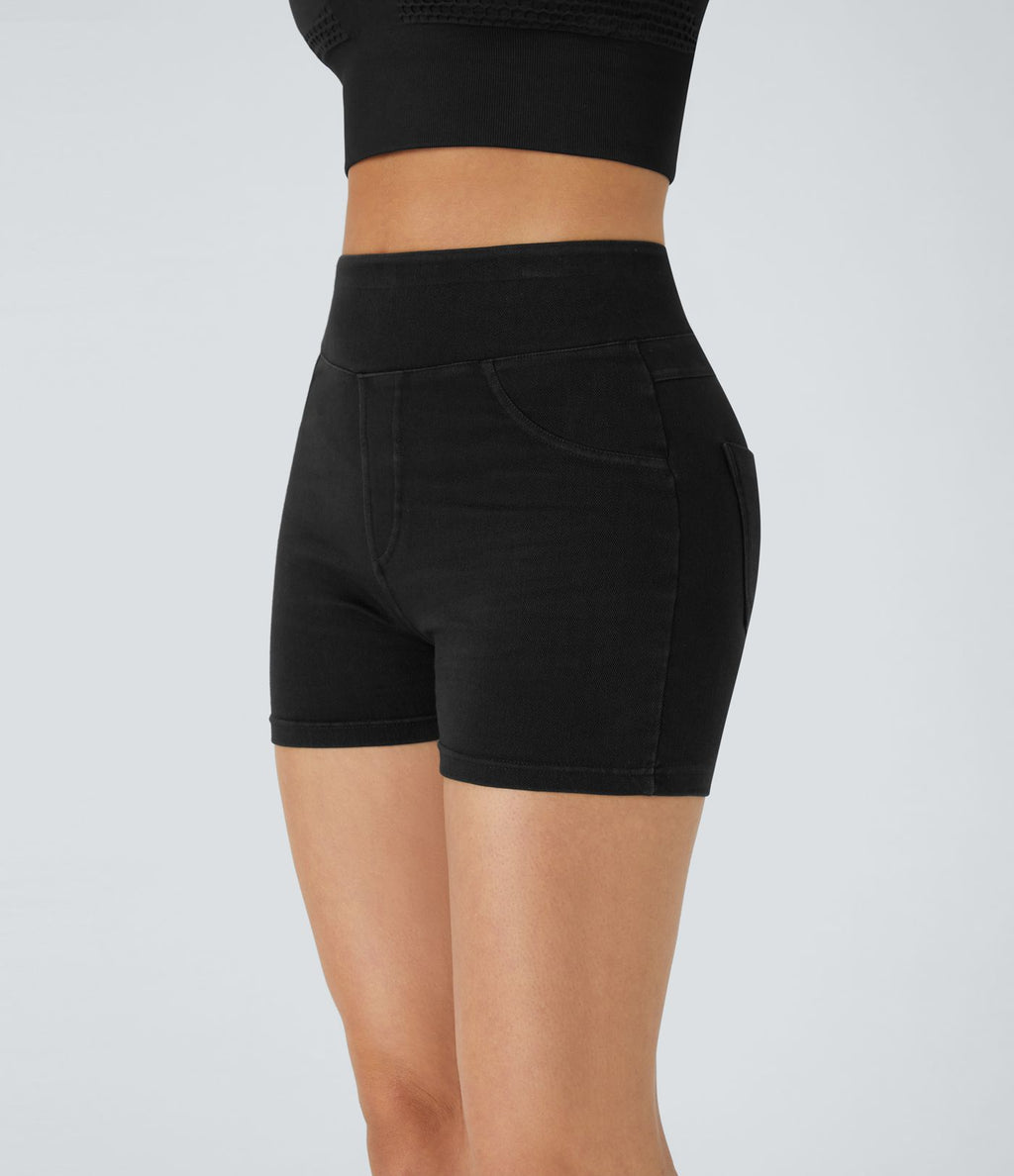 Halara Flex™ Shorts 7,5cm Casual en Denim Tricot Extensible Taille Haute Avec Poches Latérales Arrière