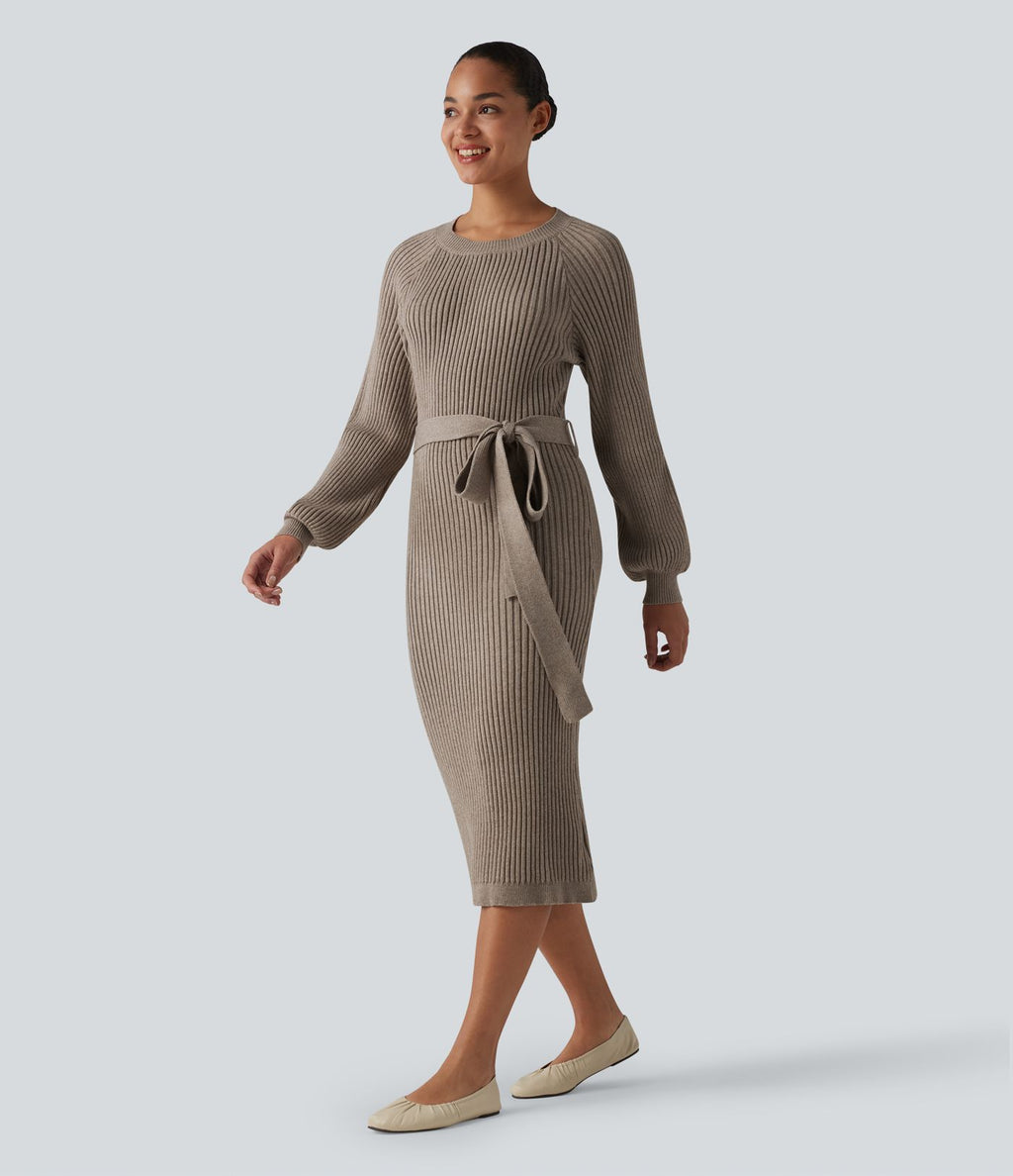 Robe pull midi casual col rond à manches longues, ceinturée