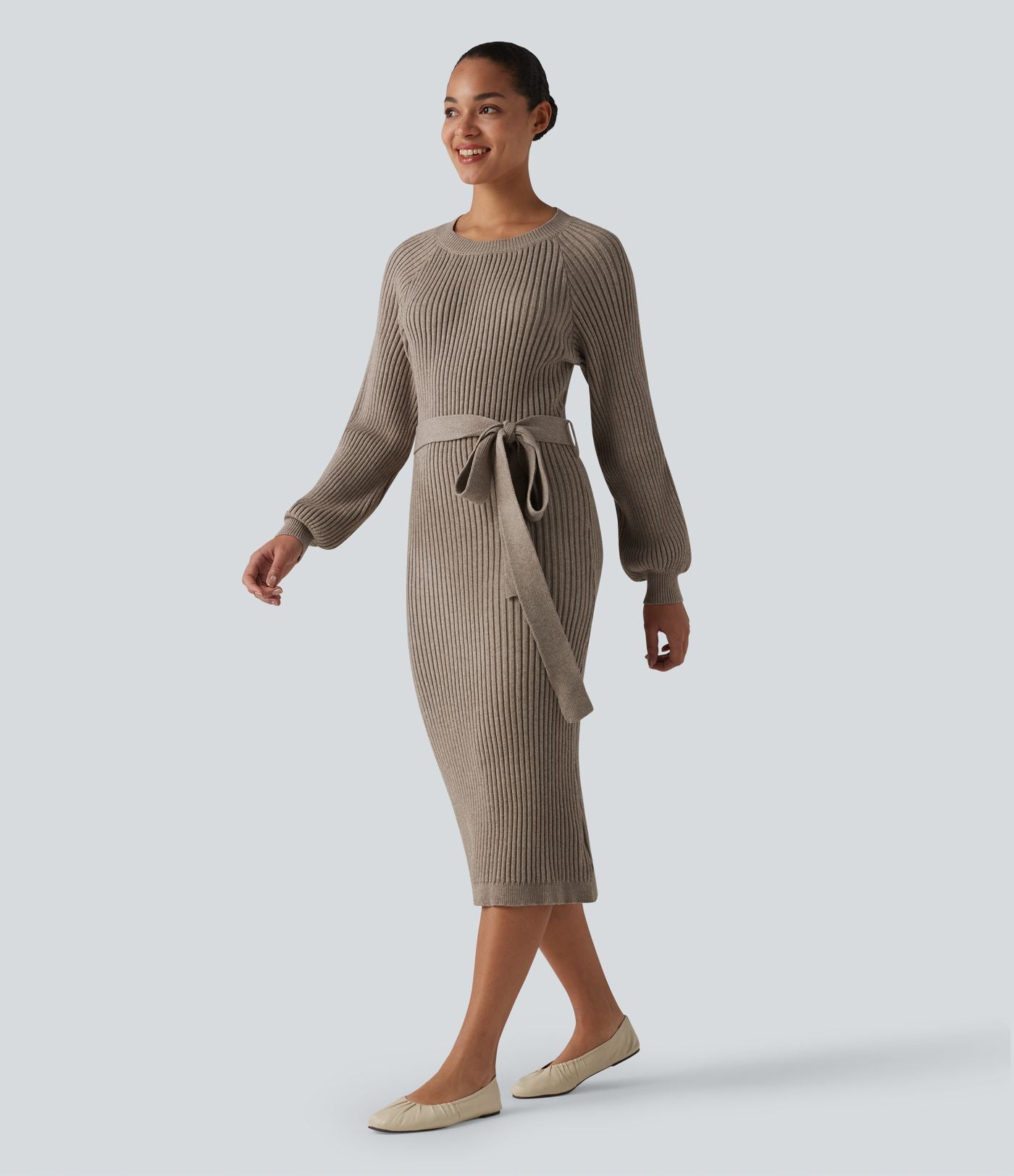 Robe pull midi casual col rond à manches longues, ceinturée