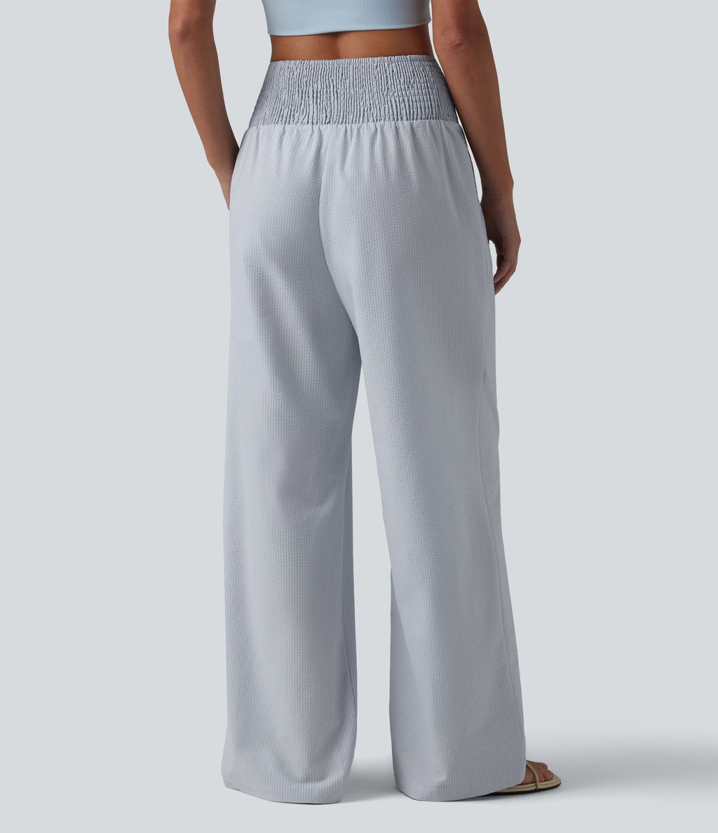 Pantalon large taille haute en tissu froissé froncé séchage rapide avec poches