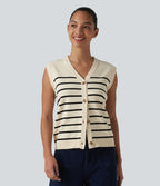 Gilet casual rayé à col V et boutonnière