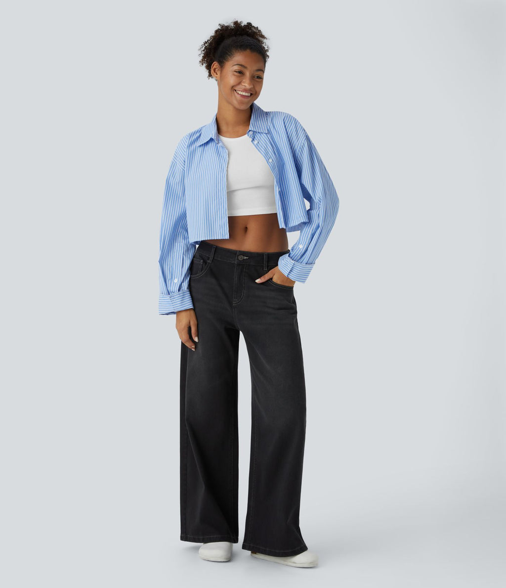 Halara Flex™ Jean Large Casual Taille Basse avec Boutons Zip Multiples Poches Lavés Élastiques et Tricotés