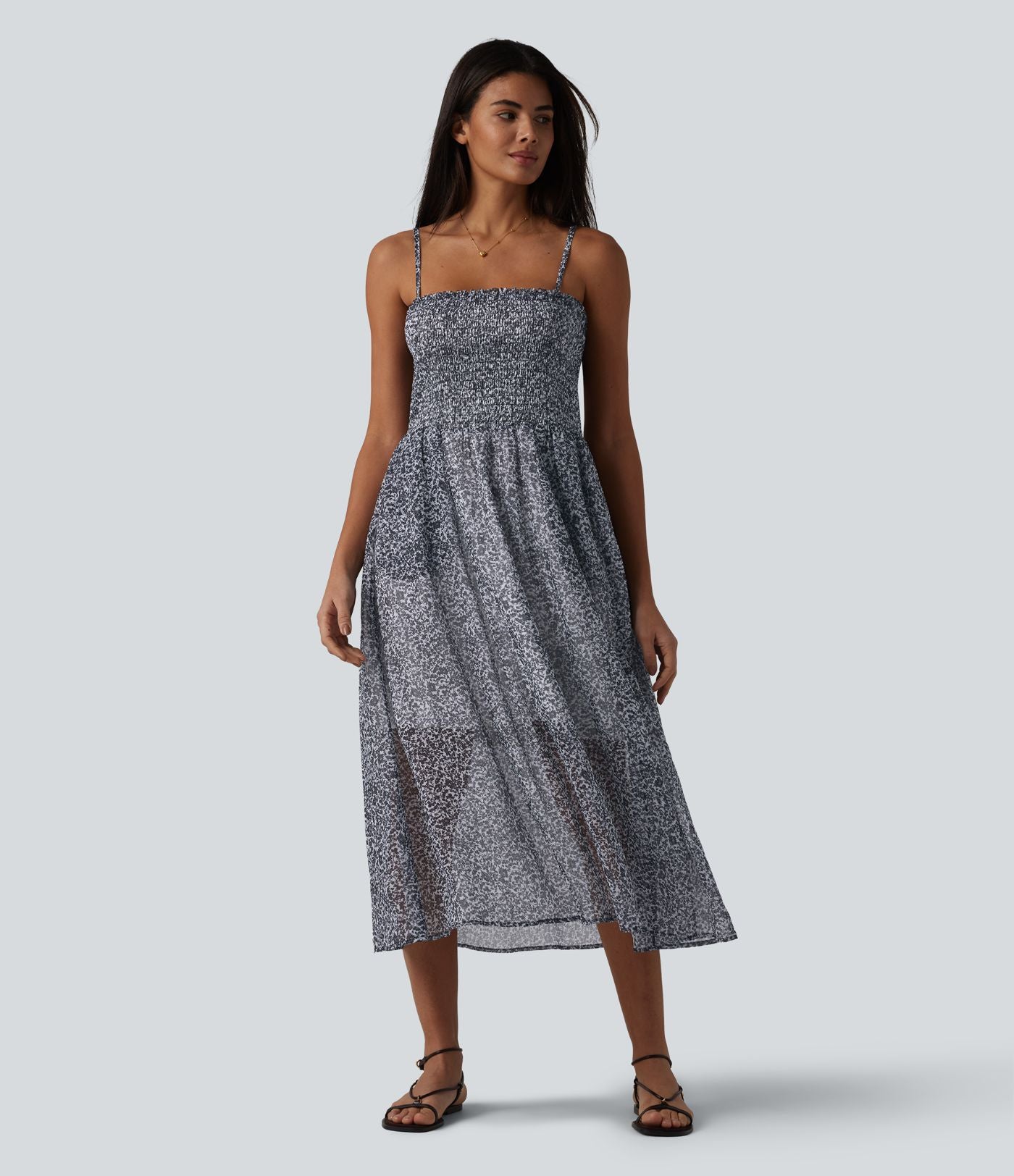 Robe nuisette midi casual fluide en mousseline à imprimé floral, fronces et bretelles réglables avec poches
