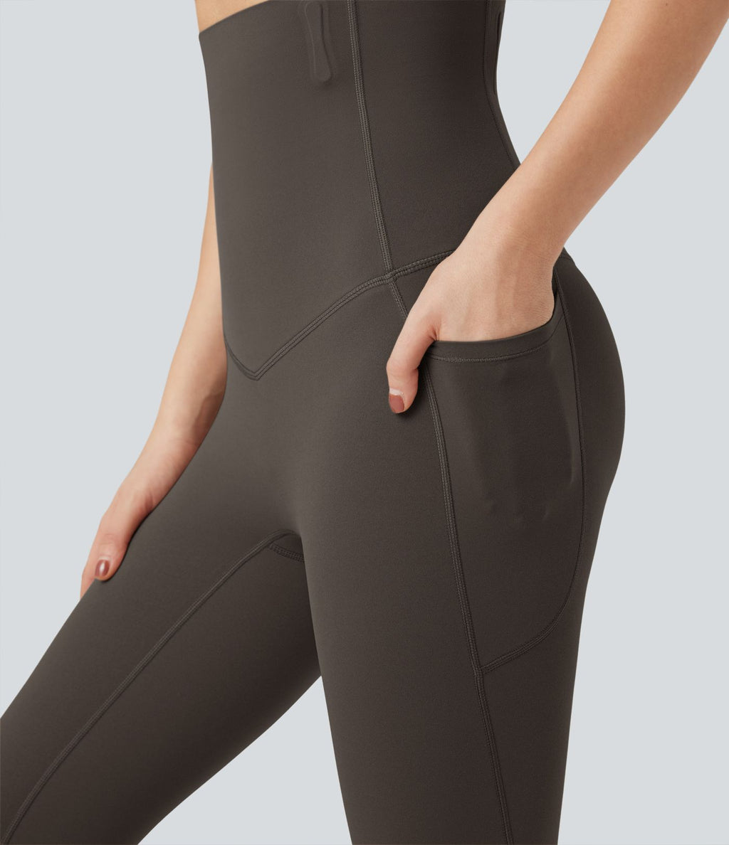 Pantalon large fluide décontracté gainant taille haute avec poches