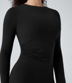Robe de soirée moulante courte SoftlyZero™ dentelle contrastante manches longues froncée - UPF50+