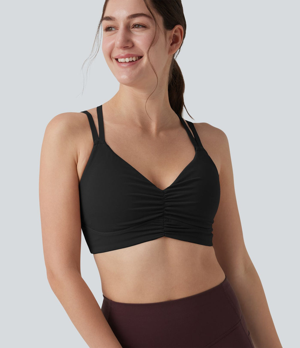 Brassière de sport yoga maintien léger dos croisé ouvert bretelles réglables froncée avec brassière intégrée, à effet frais InstantCool et séchage rapide, protection solaire UPF50+