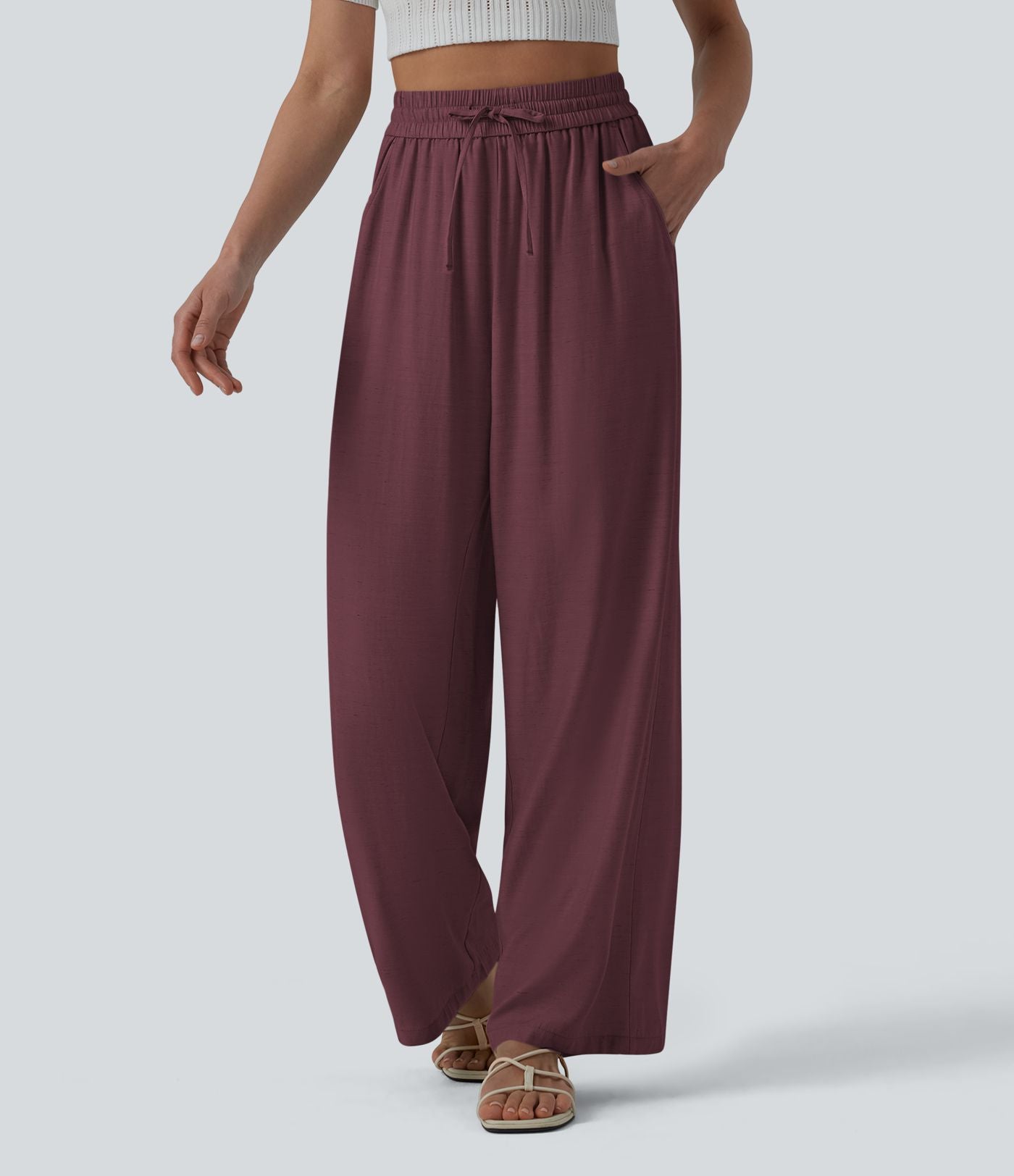 Pantalon casual large mélange lin taille haute avec cordon de serrage et poches