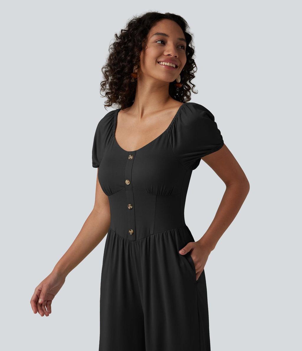 Combinaison-pantalon corset à manches courtes bouffantes et col en V, avec coussinets non amovibles et poches