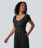 Combinaison-pantalon corset à manches courtes bouffantes et col en V, avec coussinets non amovibles et poches