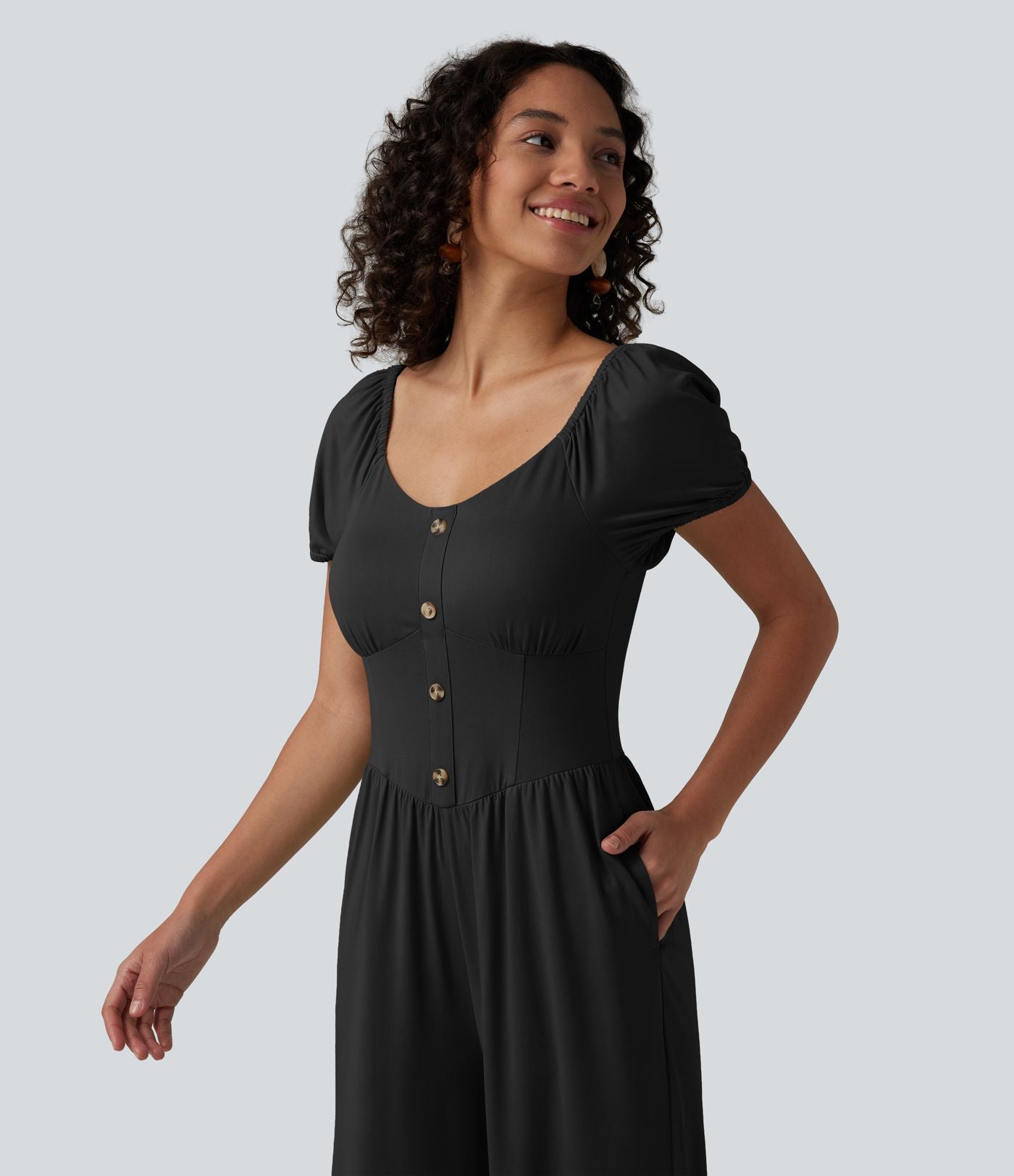 Combinaison-pantalon corset à manches courtes bouffantes et col en V, avec coussinets non amovibles et poches
