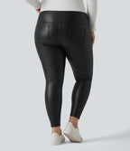 Leggings 7/8 grande taille en simili extensible effet ventre plat, taille haute, intérieur polaire, avec poches