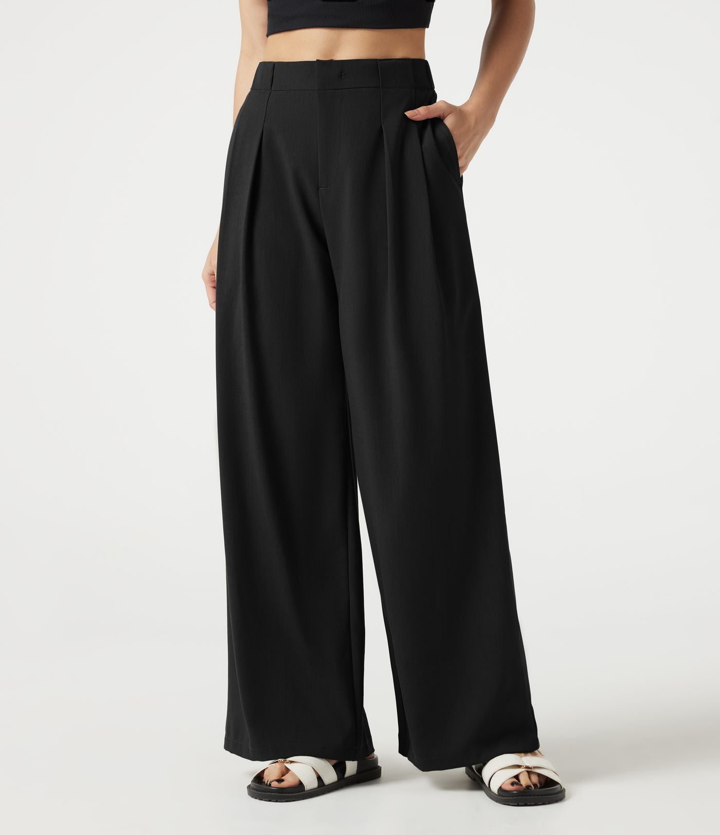Pantalon casual ample toucher lin taille mi-haute à poches