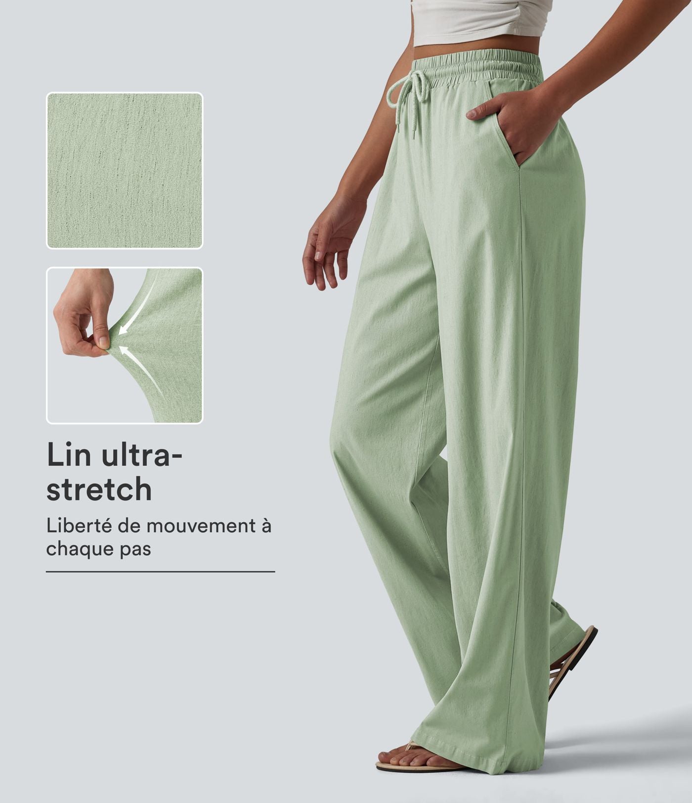Pantalon large fluide en lin stretch taille haute avec cordon de serrage et poches
