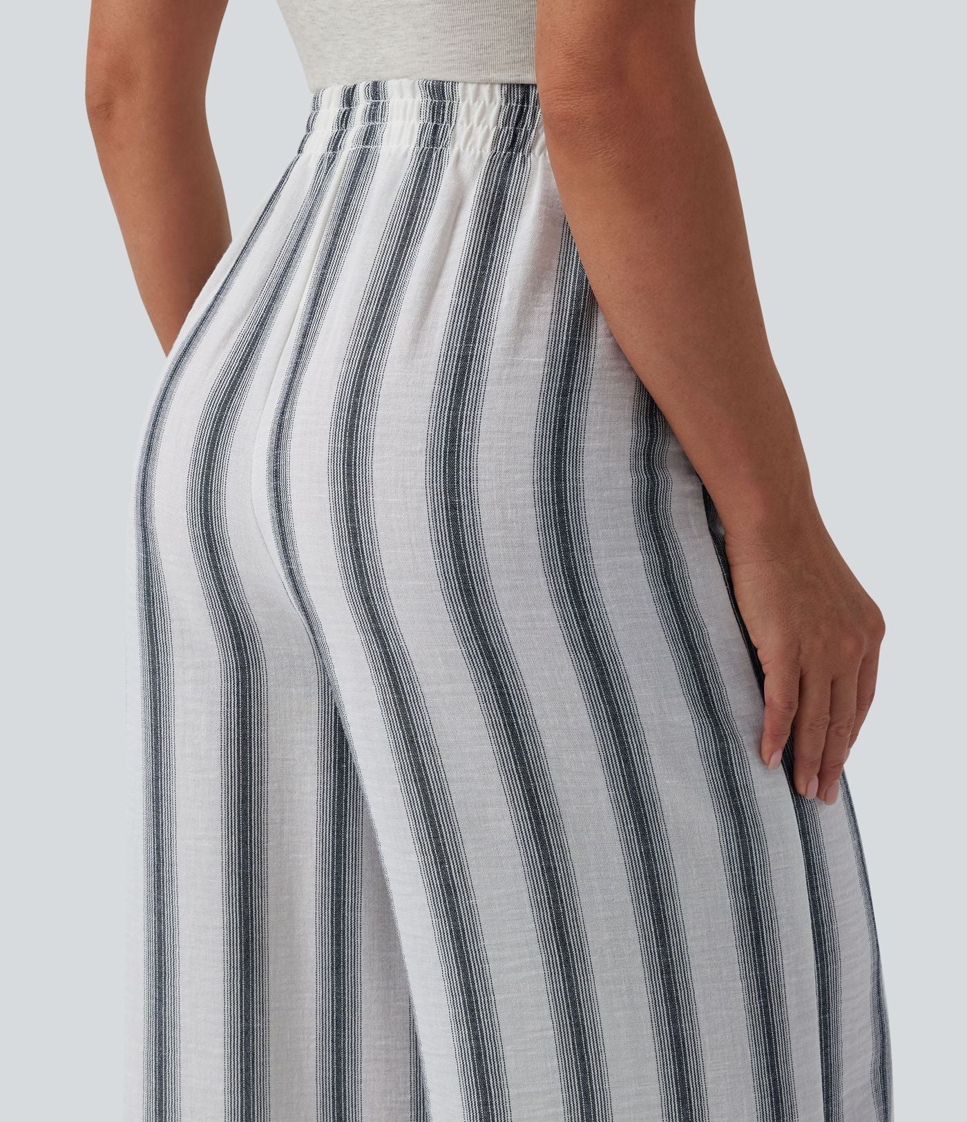 Pantalon casual ample taille haute aspect lin à rayures avec poches