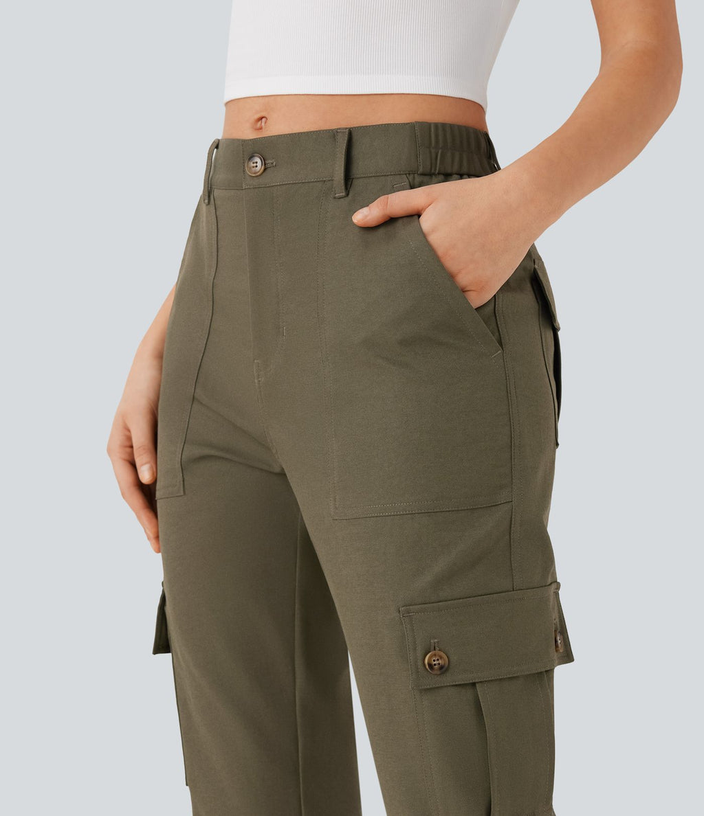 Pantalon cargo décontracté taille moyenne à ourlet roulé avec poches à rabat