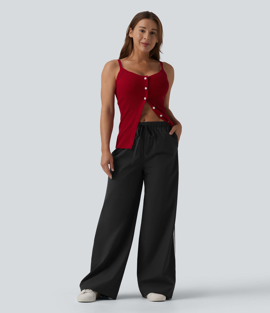 Pantalon large décontracté rayé taille haute avec cordon de serrage avec poches